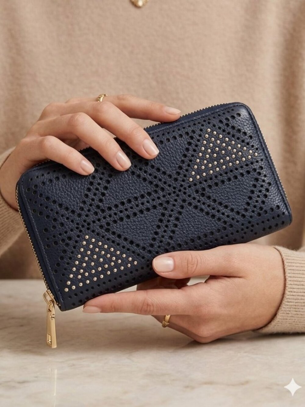 Navy Stud Zip Around Wallet